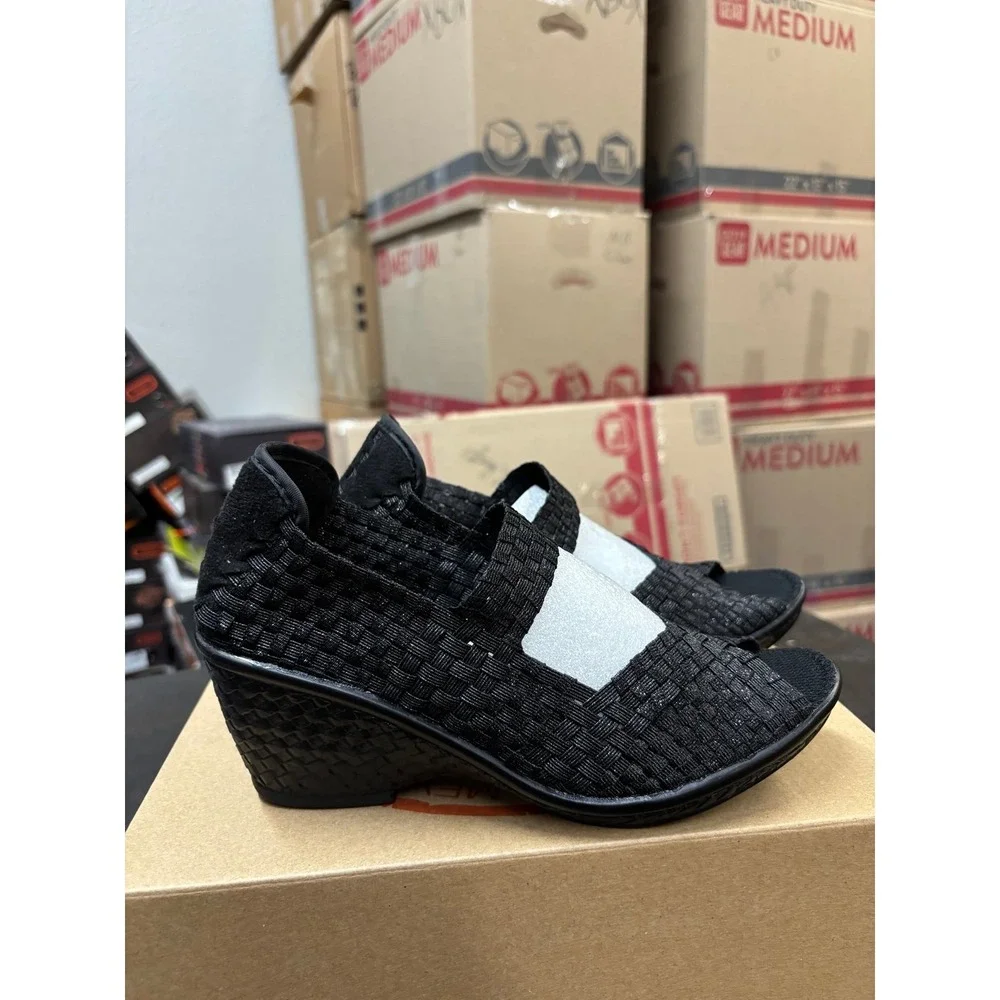 Bernie Mev Lane Black Metallic Woven Wedge Sandals Womens Size 37 US 6-6.5